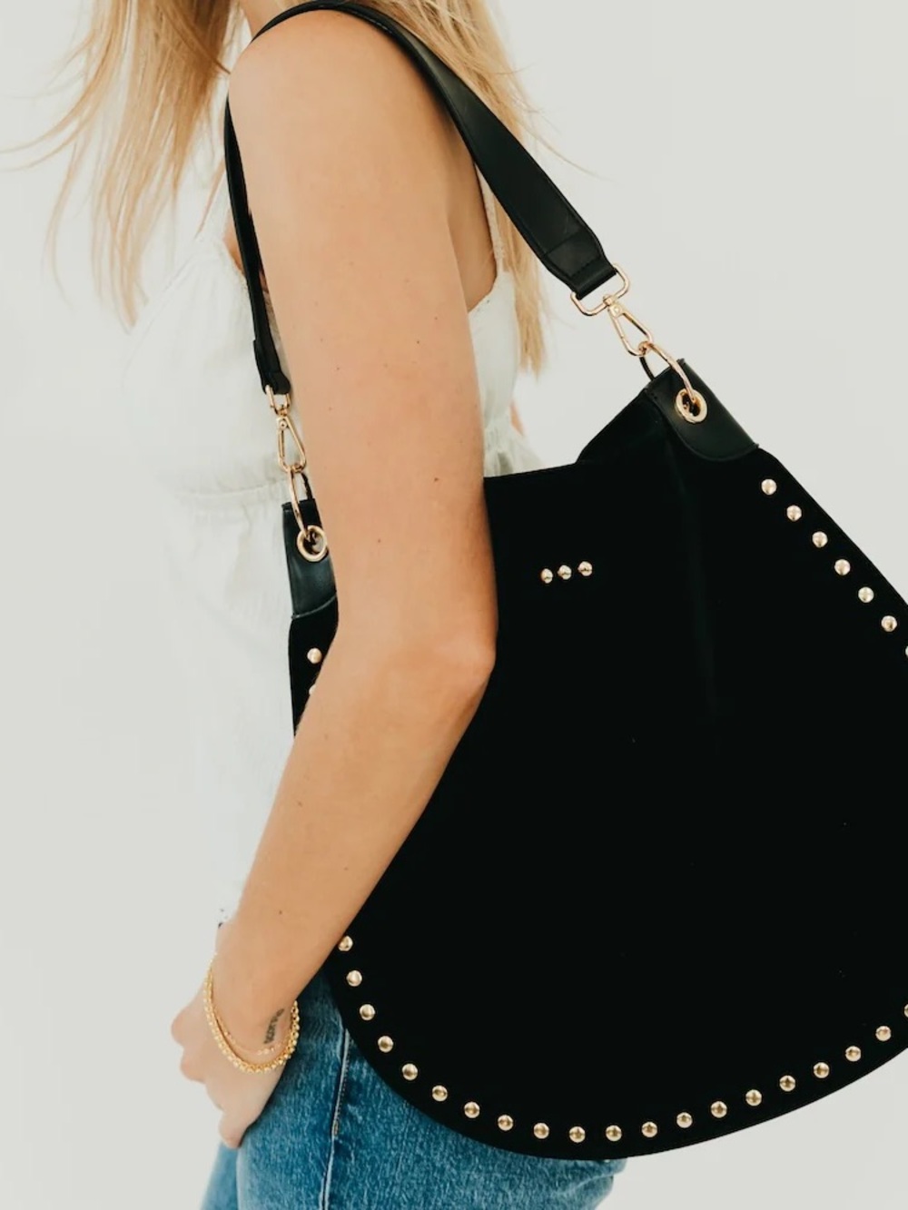 Pretty Simple Rosalie Gold Rivet Luxe Vegan/Faux Suede Hobo Bag Versatile Black - Picture 2 of 4